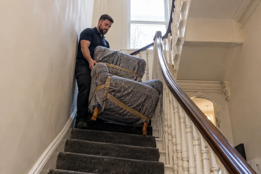 Mover carrying a wrapped armchair down a converted flat staircase