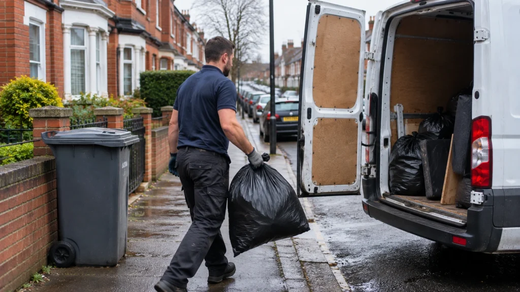 Van being loaded with household waste on an Old Swan terraced street